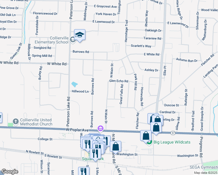 map of restaurants, bars, coffee shops, grocery stores, and more near 388 North Main Street in Collierville
