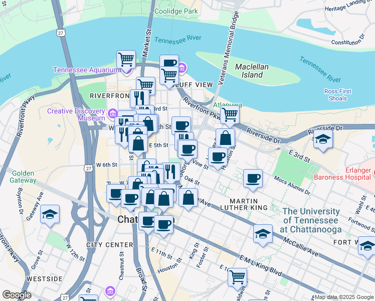 map of restaurants, bars, coffee shops, grocery stores, and more near 425 High Street in Chattanooga
