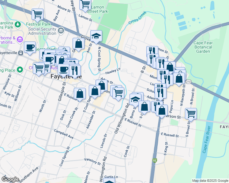 map of restaurants, bars, coffee shops, grocery stores, and more near 405 Person Street in Fayetteville