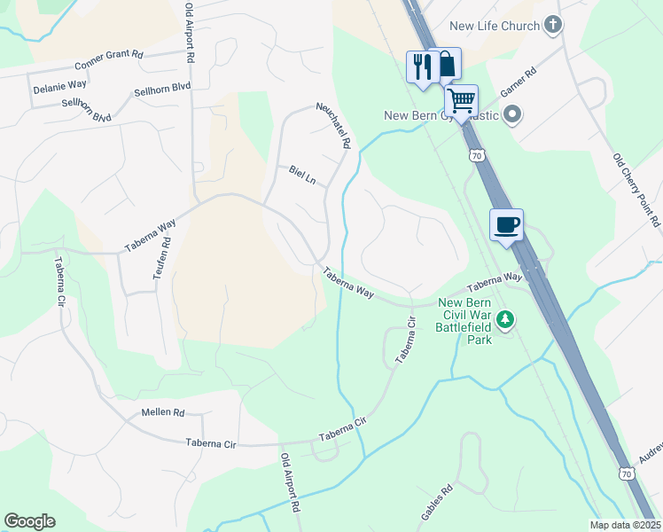 map of restaurants, bars, coffee shops, grocery stores, and more near 115 Geneva Road in New Bern