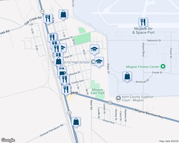 map of restaurants, bars, coffee shops, grocery stores, and more near 2000 Shasta Street in Mojave