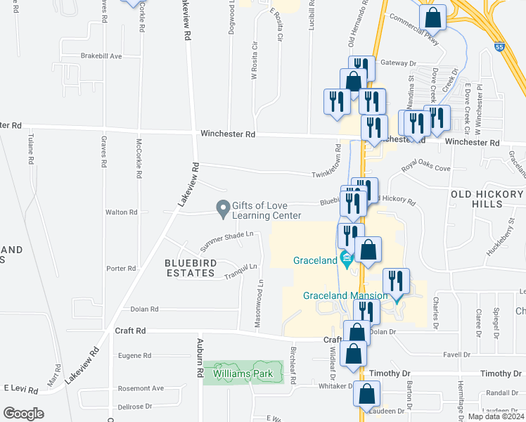 map of restaurants, bars, coffee shops, grocery stores, and more near 989 Bluebird Road in Memphis