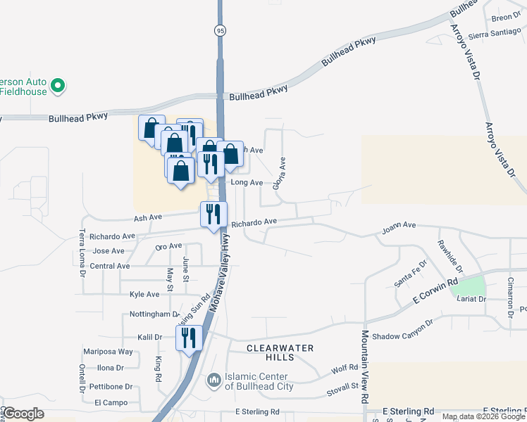 map of restaurants, bars, coffee shops, grocery stores, and more near 1820 Gem Street in Bullhead City