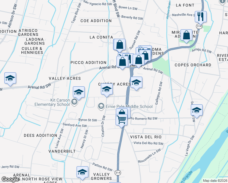 map of restaurants, bars, coffee shops, grocery stores, and more near 1647 Valdora in Albuquerque