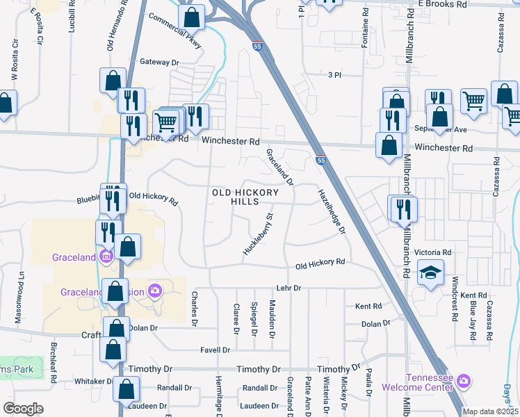 map of restaurants, bars, coffee shops, grocery stores, and more near 1419 Singing Trees Drive in Memphis