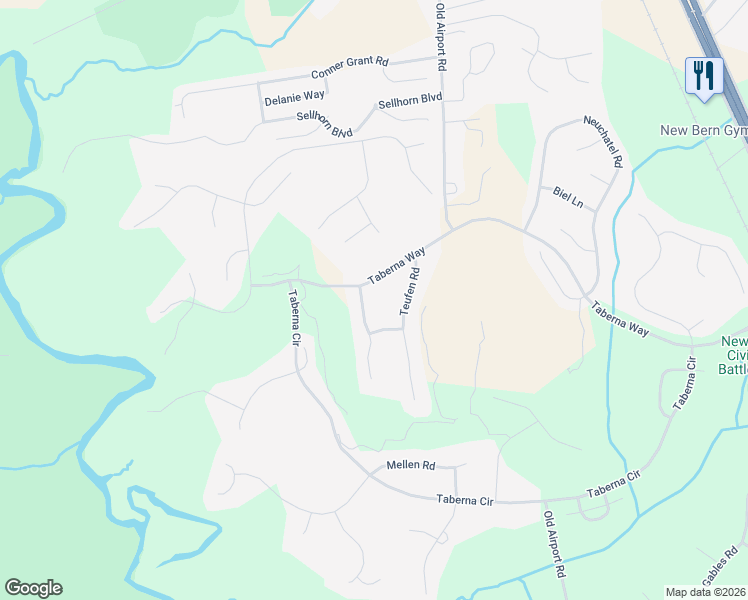 map of restaurants, bars, coffee shops, grocery stores, and more near 103 Friburg Road in New Bern