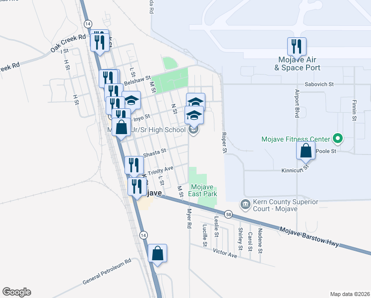 map of restaurants, bars, coffee shops, grocery stores, and more near 2000 Shasta Street in Mojave