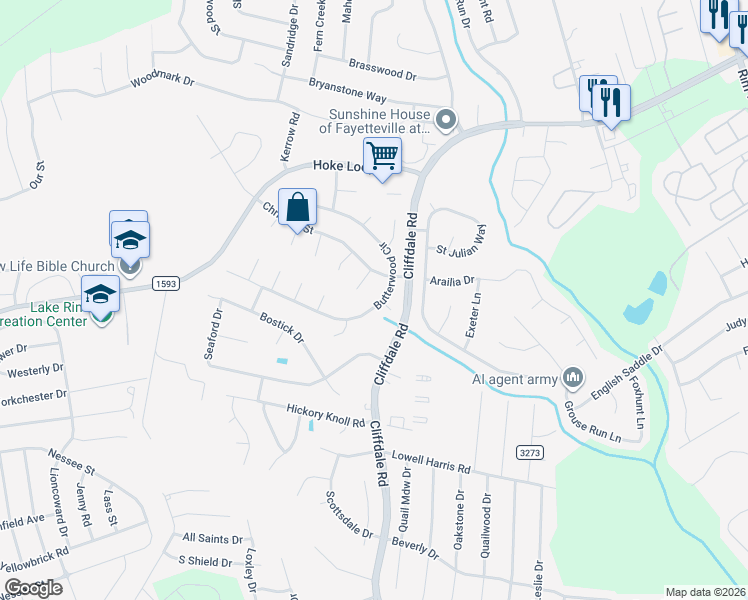 map of restaurants, bars, coffee shops, grocery stores, and more near 1216 Butterwood Circle in Fayetteville