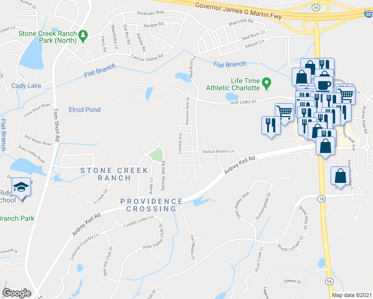 map of restaurants, bars, coffee shops, grocery stores, and more near 7022 Walnut Branch Lane in Charlotte