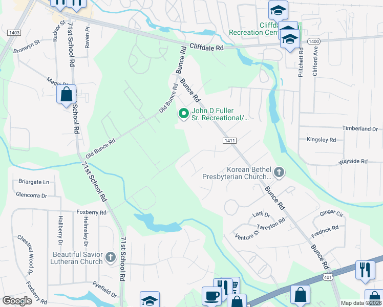 map of restaurants, bars, coffee shops, grocery stores, and more near 6532 Saint Louis Street in Fayetteville