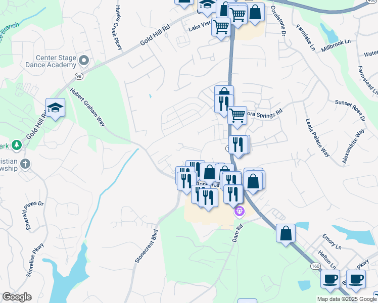 map of restaurants, bars, coffee shops, grocery stores, and more near 627 Amber Meadows Way in Fort Mill
