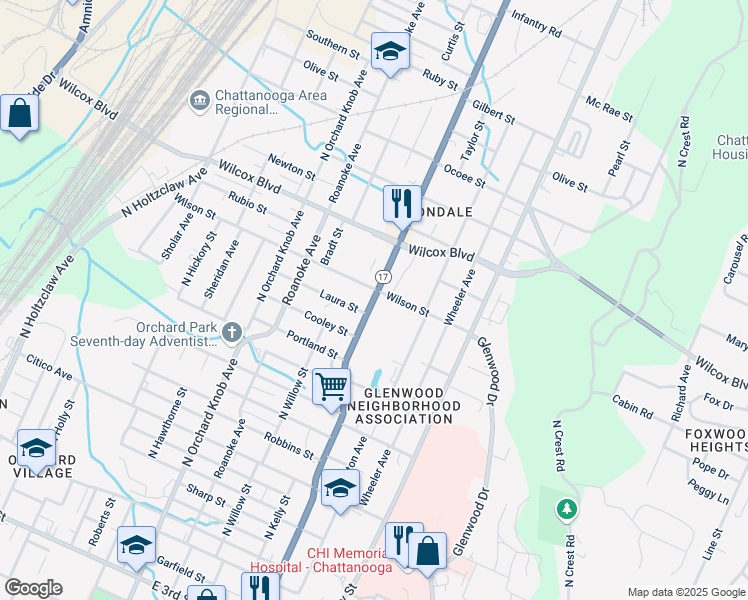 map of restaurants, bars, coffee shops, grocery stores, and more near 1200 Dodson Avenue in Chattanooga