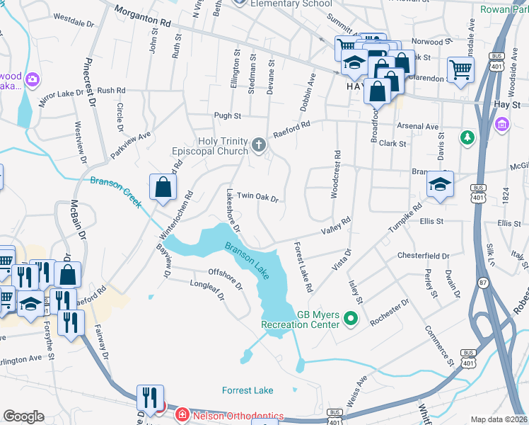 map of restaurants, bars, coffee shops, grocery stores, and more near 515 Valley Road in Fayetteville