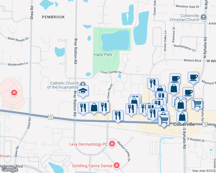 map of restaurants, bars, coffee shops, grocery stores, and more near 404 Purple Finch Cove in Collierville