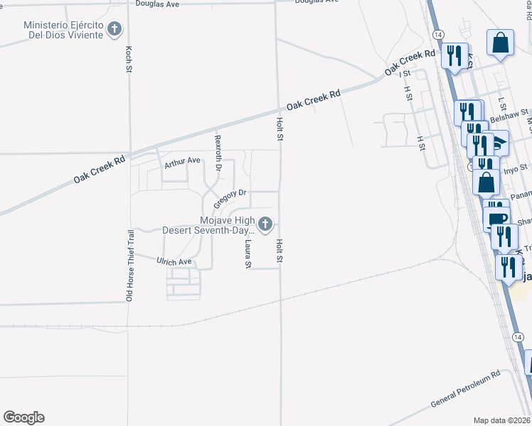 map of restaurants, bars, coffee shops, grocery stores, and more near 3010 Milton Drive in Mojave