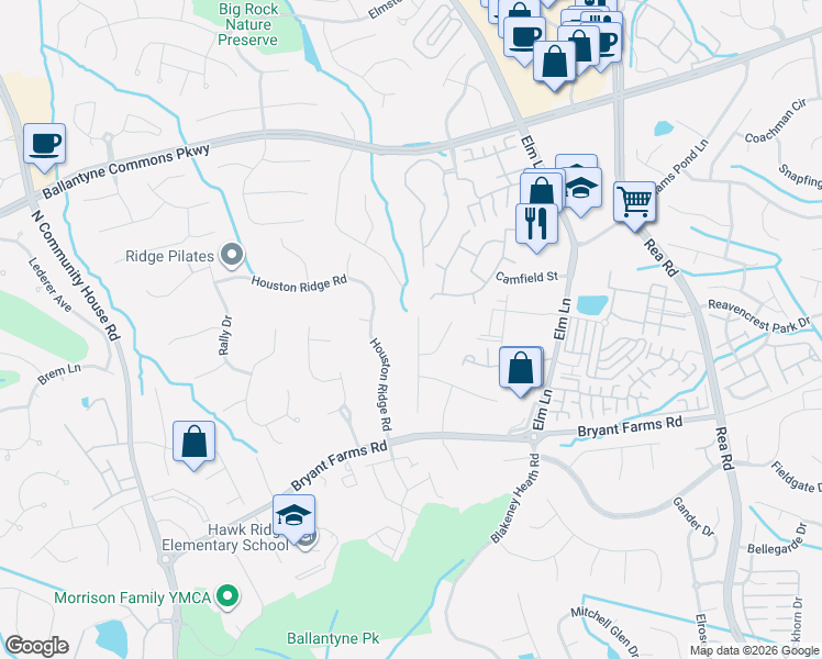 map of restaurants, bars, coffee shops, grocery stores, and more near 8417 Headford Road in Charlotte