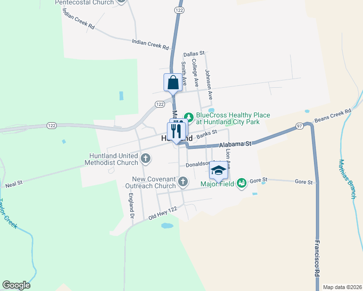 map of restaurants, bars, coffee shops, grocery stores, and more near in Huntland