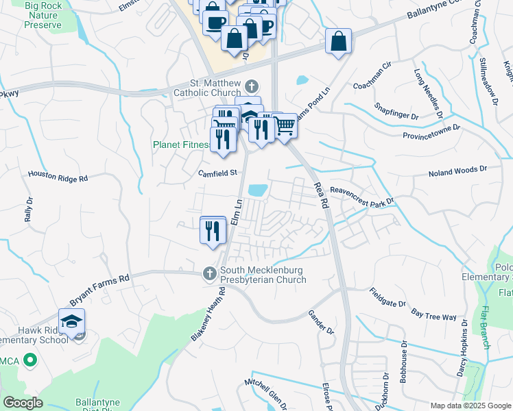 map of restaurants, bars, coffee shops, grocery stores, and more near 11713 Fiddlers Roof Lane in Charlotte