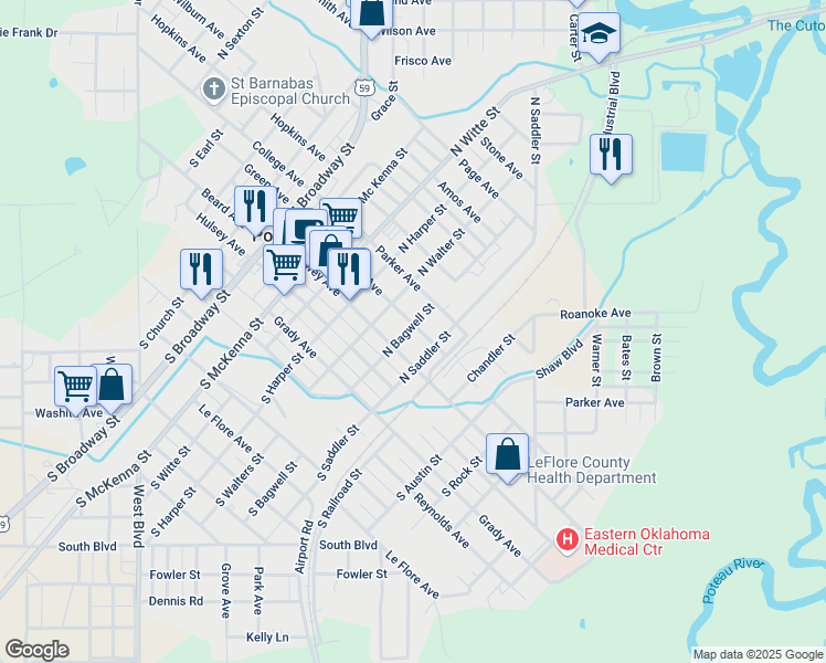 map of restaurants, bars, coffee shops, grocery stores, and more near 600 Clayton Avenue in Poteau