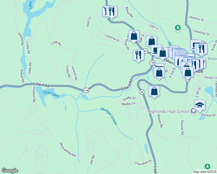 map of restaurants, bars, coffee shops, grocery stores, and more near 571 Dillard Road in Highlands