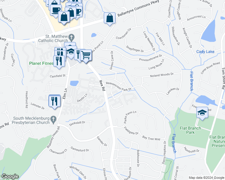 map of restaurants, bars, coffee shops, grocery stores, and more near 8021 Flanders Street in Charlotte