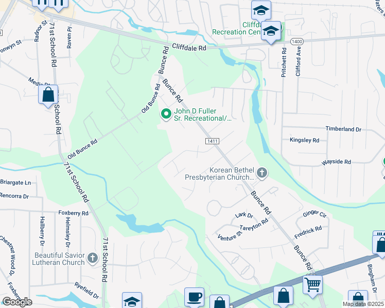 map of restaurants, bars, coffee shops, grocery stores, and more near 6519 South Dorchester Place in Fayetteville