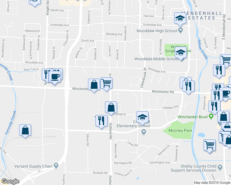 map of restaurants, bars, coffee shops, grocery stores, and more near 4871 Winchester Road in Memphis