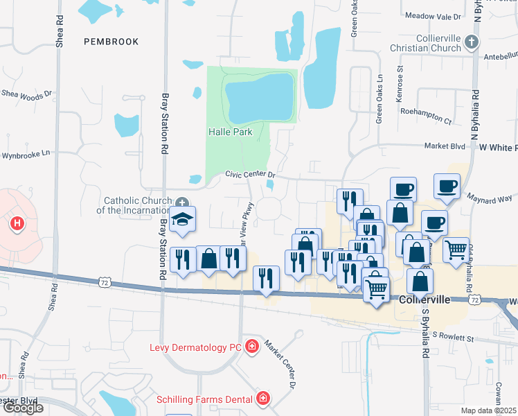 map of restaurants, bars, coffee shops, grocery stores, and more near 404 Purple Finch Cove in Collierville