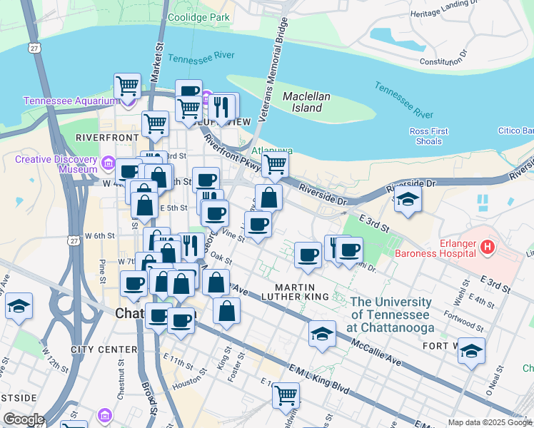 map of restaurants, bars, coffee shops, grocery stores, and more near 517 East 5th Street in Chattanooga