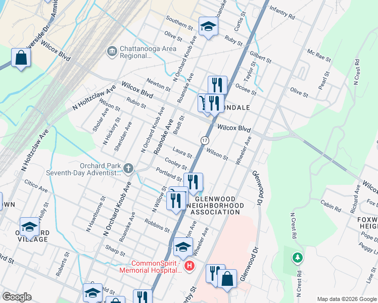 map of restaurants, bars, coffee shops, grocery stores, and more near 2107 Laura St in Chattanooga