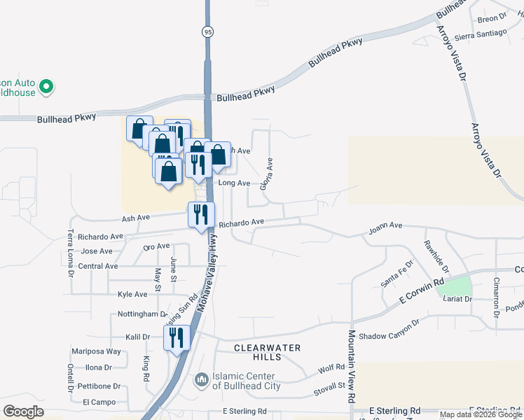 map of restaurants, bars, coffee shops, grocery stores, and more near 1820 Gem Street in Bullhead City
