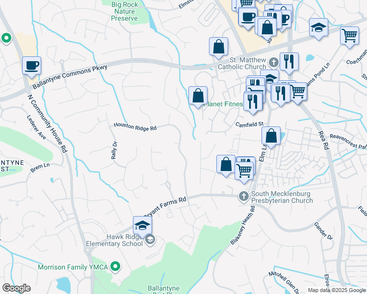 map of restaurants, bars, coffee shops, grocery stores, and more near 8601 Houston Ridge Road in Charlotte
