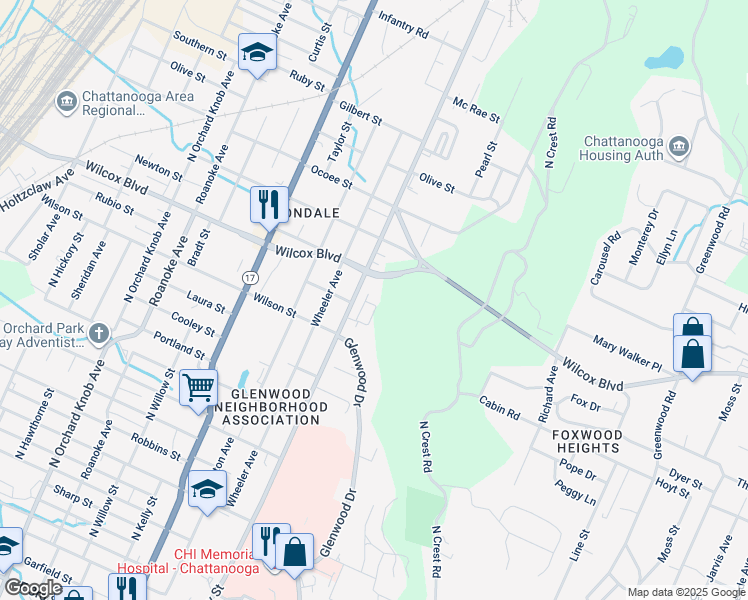 map of restaurants, bars, coffee shops, grocery stores, and more near 1400 North Chamberlain Avenue in Chattanooga