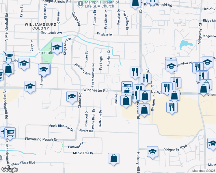 map of restaurants, bars, coffee shops, grocery stores, and more near 3595 Royal Arms Drive in Memphis