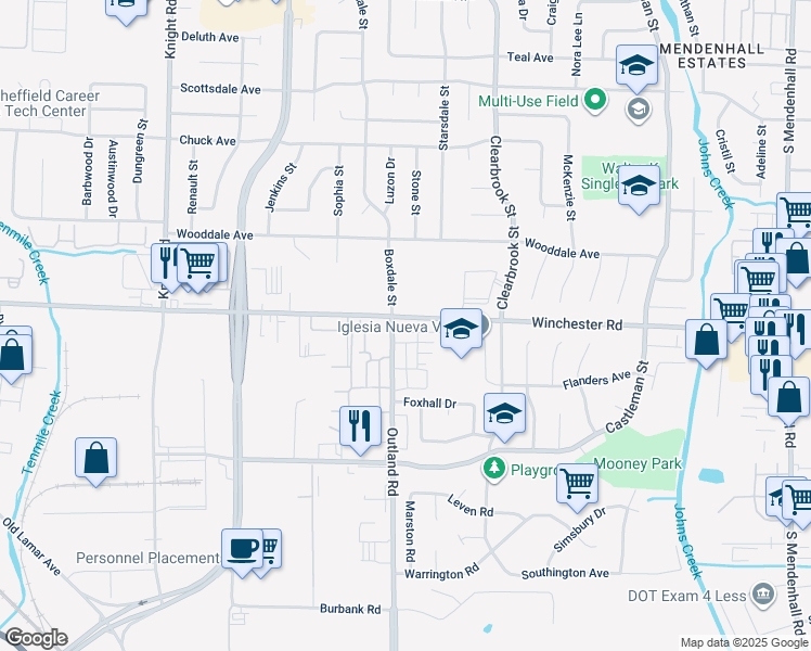 map of restaurants, bars, coffee shops, grocery stores, and more near 4871 Winchester Road in Memphis