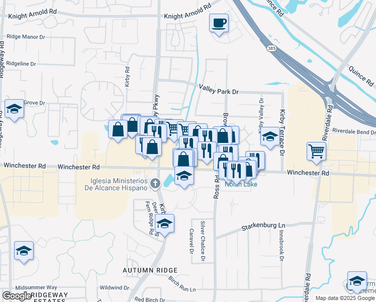 map of restaurants, bars, coffee shops, grocery stores, and more near 6740 Winchester Road in Memphis