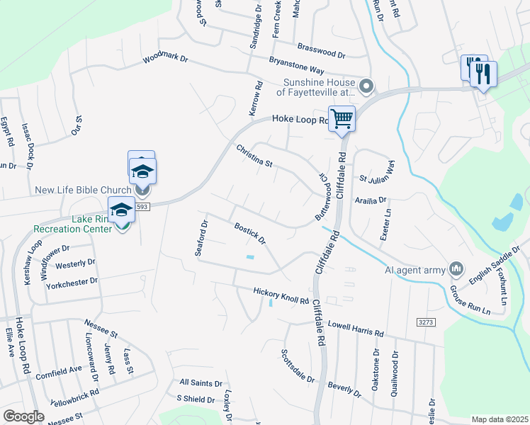 map of restaurants, bars, coffee shops, grocery stores, and more near 1328 Butterwood Circle in Fayetteville