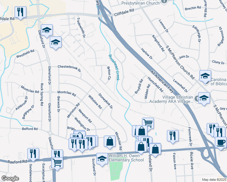 map of restaurants, bars, coffee shops, grocery stores, and more near 4438 Kinkead Court in Fayetteville