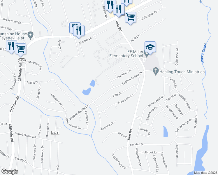 map of restaurants, bars, coffee shops, grocery stores, and more near 8400 English Saddle Drive in Fayetteville