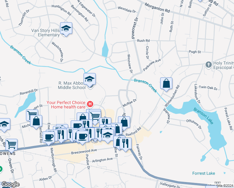 map of restaurants, bars, coffee shops, grocery stores, and more near 436 Mcphee Drive in Fayetteville