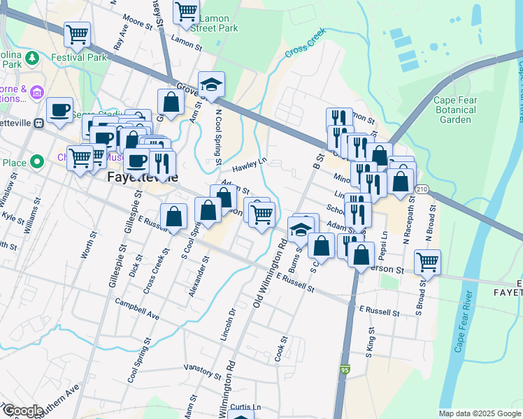 map of restaurants, bars, coffee shops, grocery stores, and more near 405 Person Street in Fayetteville