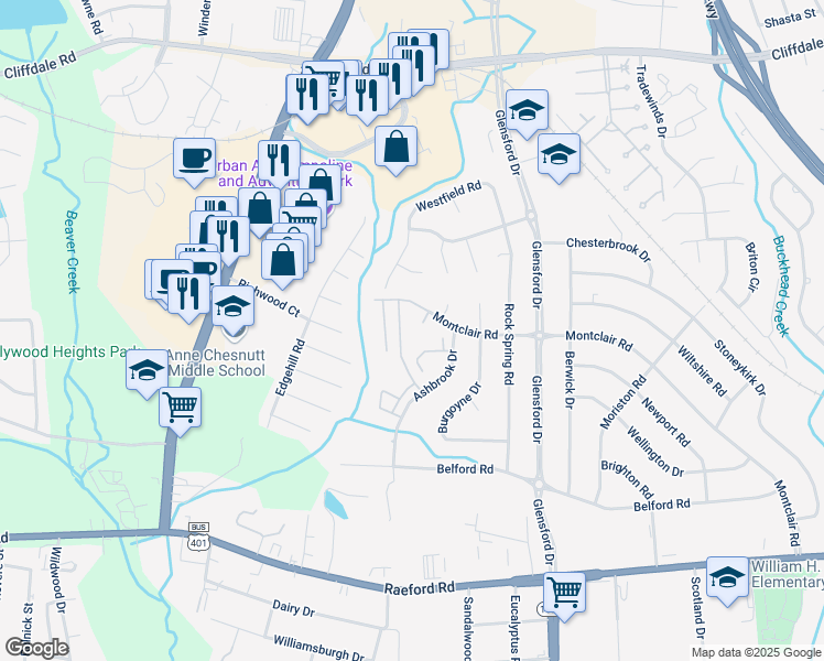 map of restaurants, bars, coffee shops, grocery stores, and more near 609 Brittany Place in Fayetteville