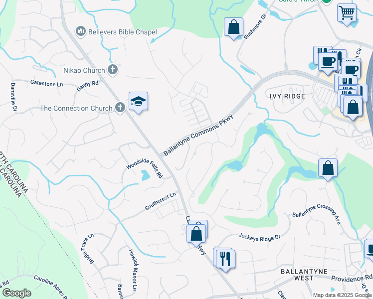 map of restaurants, bars, coffee shops, grocery stores, and more near 14438 Adair Manor Court in Charlotte