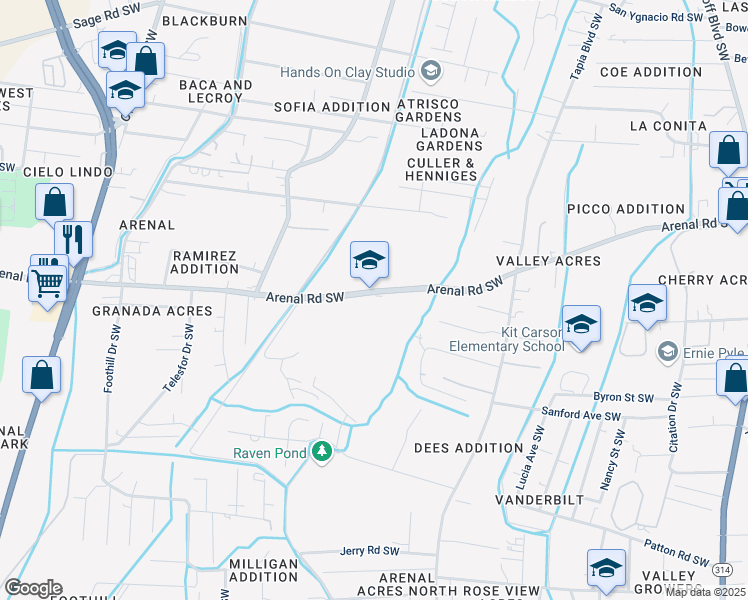 map of restaurants, bars, coffee shops, grocery stores, and more near 2300 Arenal Road Southwest in Albuquerque