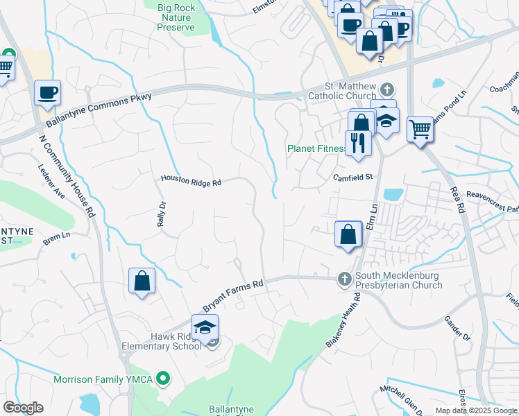map of restaurants, bars, coffee shops, grocery stores, and more near 8601 Houston Ridge Road in Charlotte