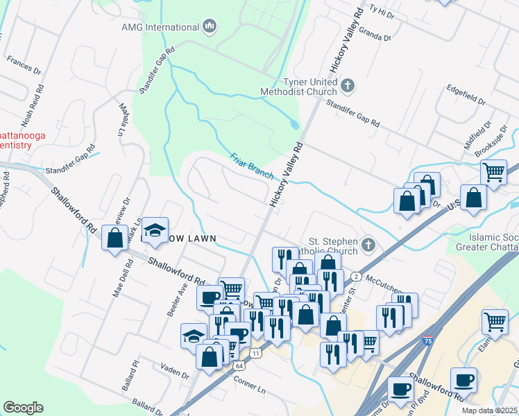 map of restaurants, bars, coffee shops, grocery stores, and more near 6782 Hickory Creek Road in Chattanooga