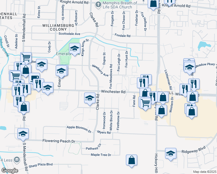 map of restaurants, bars, coffee shops, grocery stores, and more near 5680 Winchester Road in Memphis