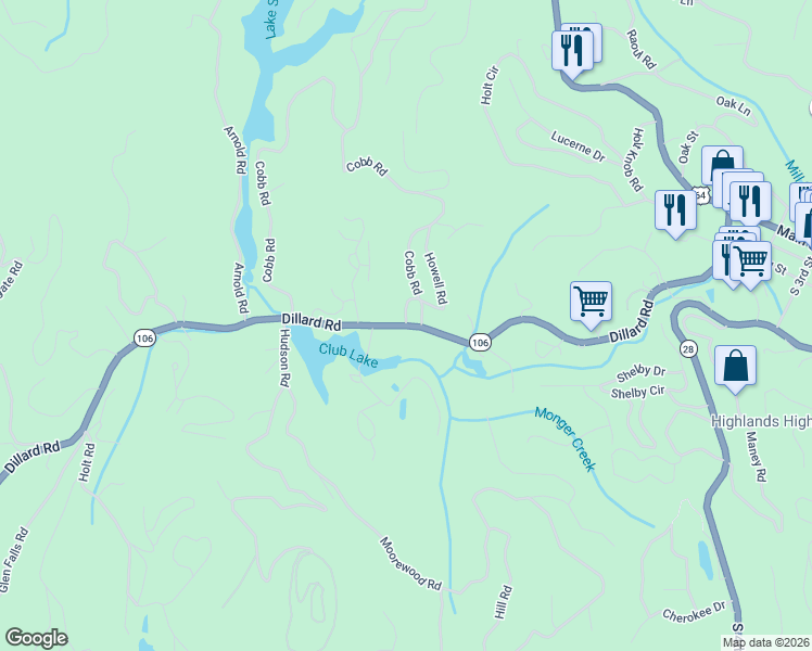 map of restaurants, bars, coffee shops, grocery stores, and more near North Carolina 106 in Highlands
