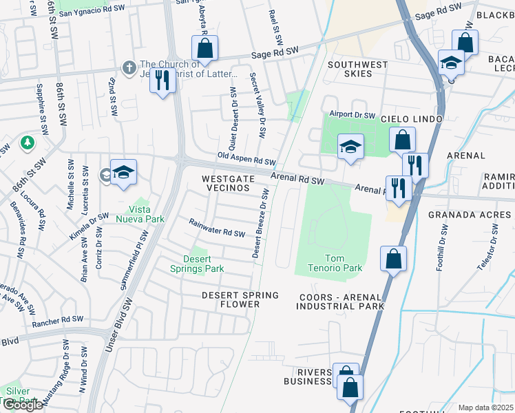 map of restaurants, bars, coffee shops, grocery stores, and more near 7308 Autumn Sky Road Southwest in Albuquerque