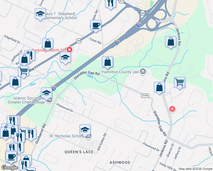 map of restaurants, bars, coffee shops, grocery stores, and more near 7518 Standifer Gap Road in Chattanooga